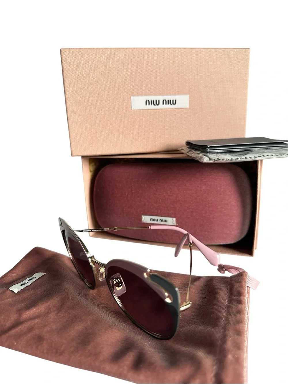 Miu Miu MU 57TS Noir Evolution Cat Eye Sunglasses Pink Gold Full Set